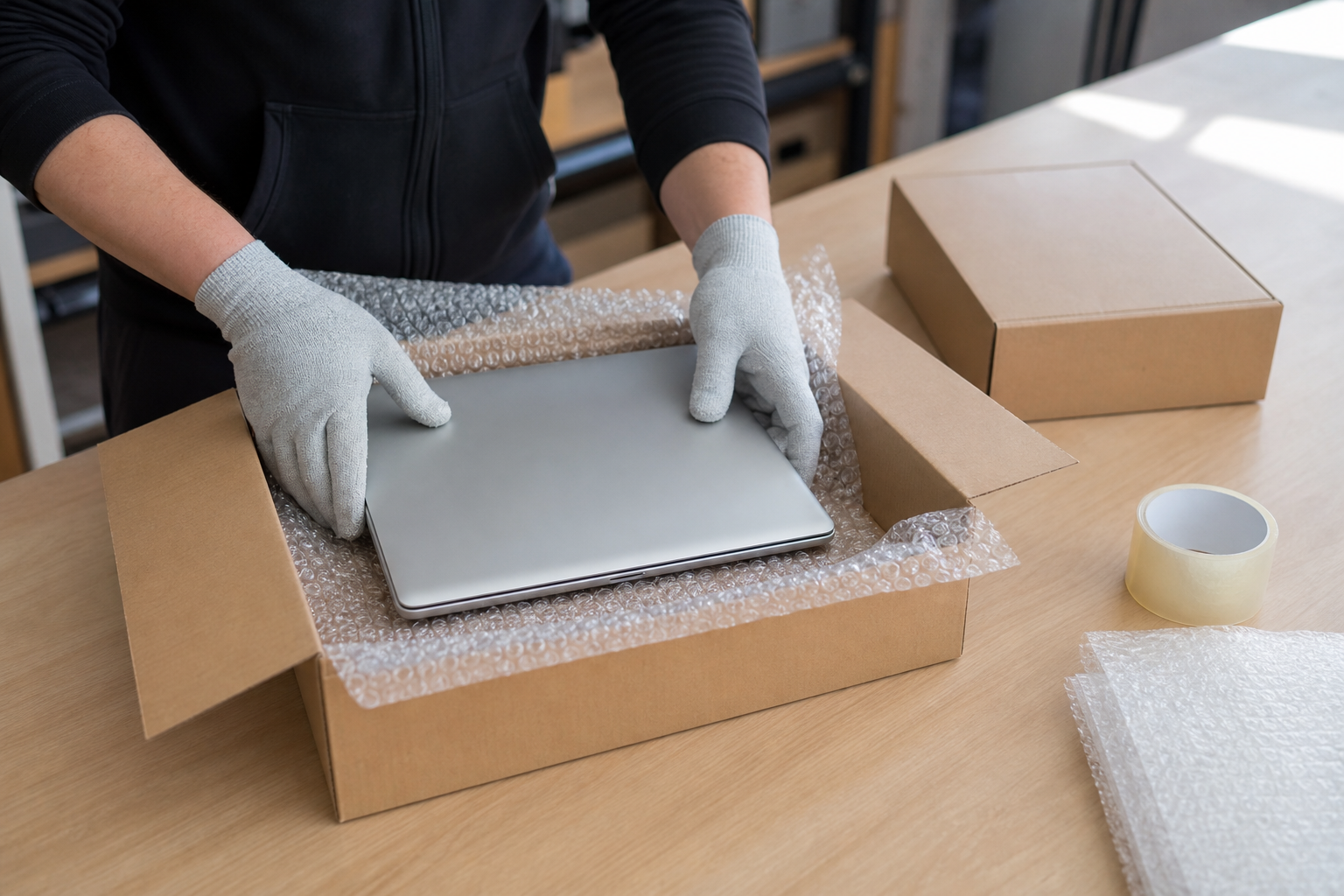 Notebook wird behutsam für den sicheren Rückversand verpackt